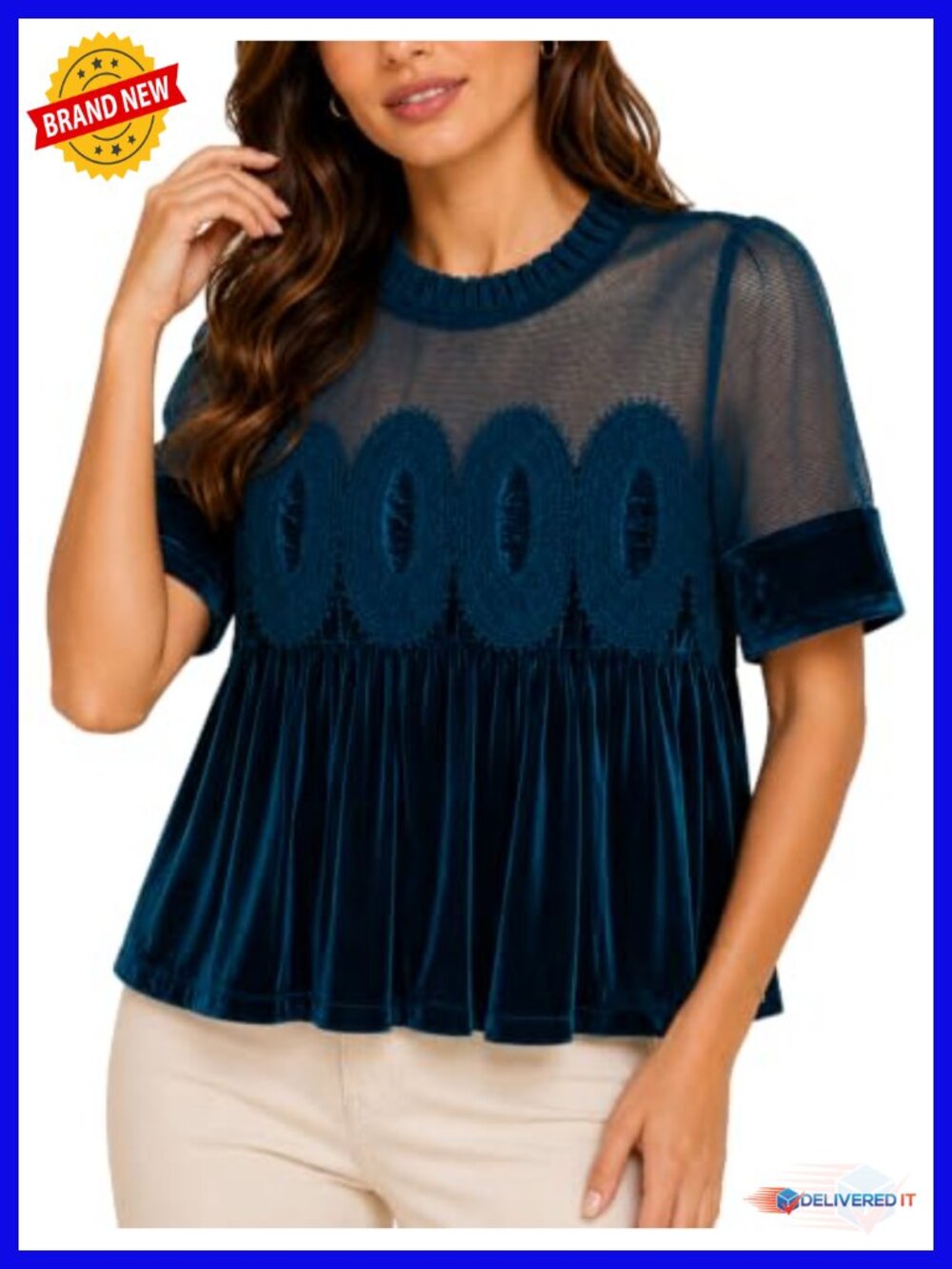 Women's Velvet Scallop Lace Babydoll Swing Top Short Sleeve Boho Blouse